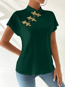 Chiquease Women's Chinese Button Short Sleeve Blouse For New Year Clothes - Dark Green - View 4