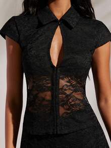 Opulessa Women's Solid Color Knit Lace Hollow Out Blouse , Vacation, Spring Break Outfits, Summer Outfits, Valentine's Day, Beach Dress, Elegant Wedding Guest Dress, Birthday Dress, Casual Dresses, Vacation Outfits, Going Out Dress Summer Dress Graphic Dress Mini Dress Short Vacation Dress Bodycon Summer Dress, Spring To Summer - Black - View 4