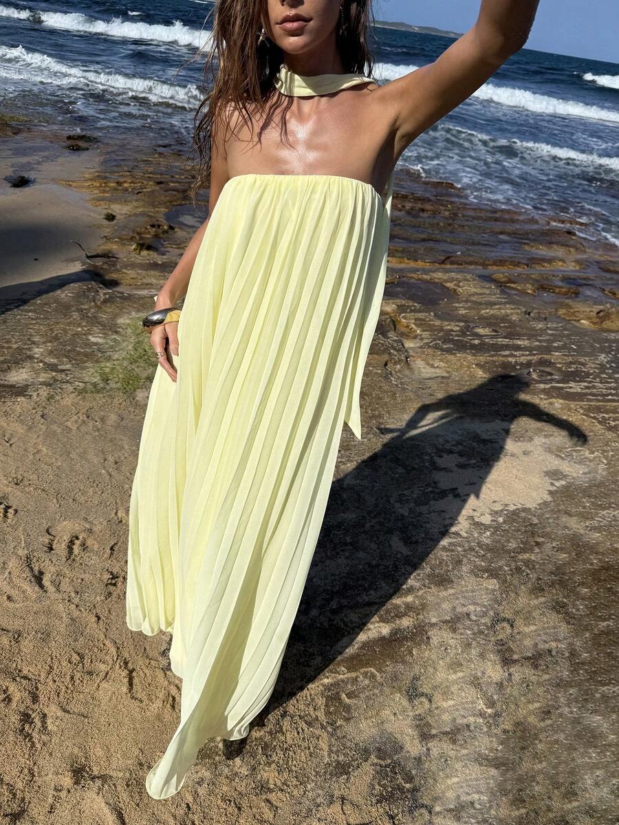 Opulessa 女士纯色褶皱连衣裙，海滩度假 - 黃色 - 查看 1
