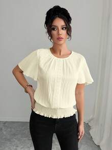 Selianne PETITE Teksturowana, falbaniasta, dekoracyjna bluzka damska z elastyczną talią, swobodna, minimalistyczna i elegancka na święta/afrykańskie sukienki dla kobiet/bandaż/4 lipca/elegancki, swobodny styl/jesień, Halloween, powrót do domu, powrót do szkoły/skromny - Morela - Zobacz 4