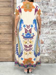 EMERY ROSE Plus Size Women's Printed Round Neck Short Sleeve Dress, Elegant And Suitable For Everyday Wear - Multicolor - View 2