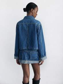 Maija 女士纯色简约长袖上衣和牛仔裙套装 - 中等水洗藍 - 查看 2