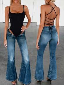 INAWLY Fitted Sexy Spaghetti Strap Plunging Neckline Criss-Cross Backless Camisole For Women - Black - View 1