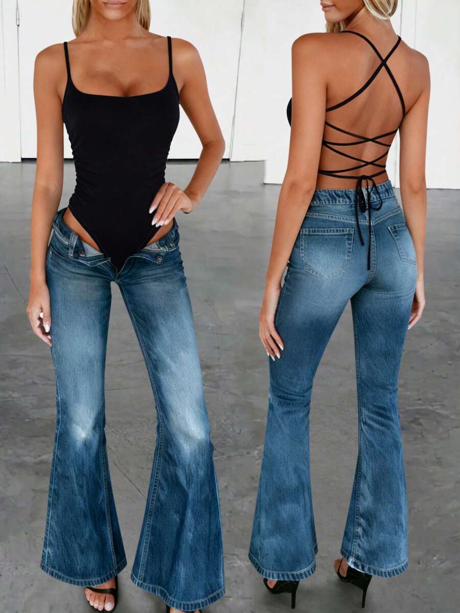 INAWLY Fitted Sexy Spaghetti Strap Plunging Neckline Criss-Cross Backless Camisole For Women - Black - View 1