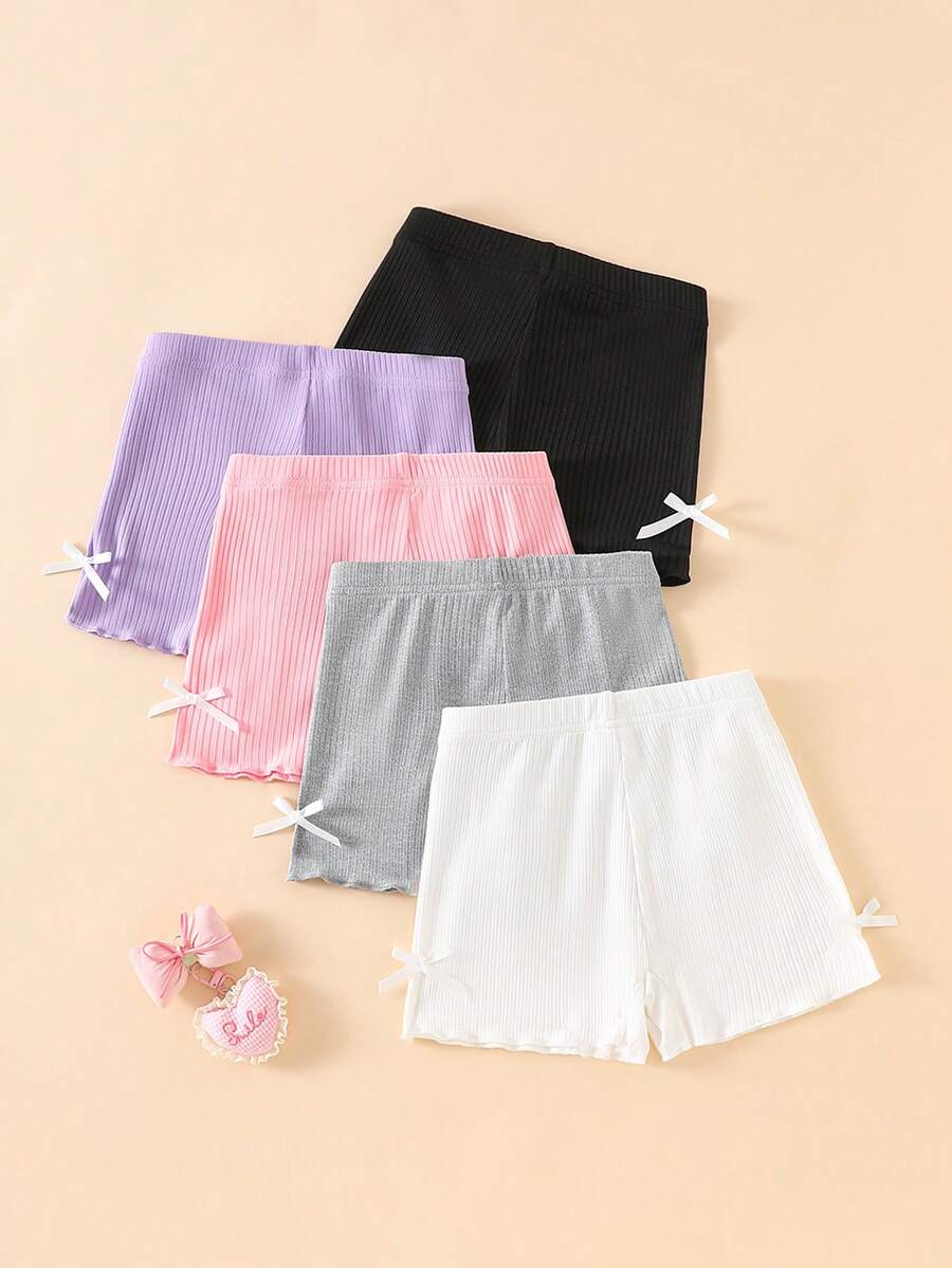 SHEIN 5pcs Girls Casual Ribbed Knit Shorts With Bow Decor, Elastic Waist, Suitable For Spring/Summer Daily Wear & Home - Multicolor - View 1