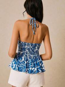 Poéselle 女士露背系带吊带树叶印花休闲百搭日常上衣 - 淺藍色 - 查看 7