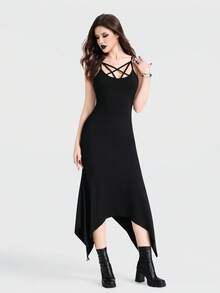 Breakform Đầm nữ phong cách Gothic gợi cảm khoét rỗng hình ngôi sao năm cánh, dây đeo có thể điều chỉnh, vạt áo bất đối xứng, ôm sát. - màu đen - Xem 4