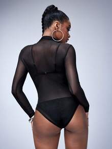 Y2Kool BiGraphic Women's Black Sexy Hot Girl Casual Stand Collar Long Sleeve Sheer Mesh Jumpsuit Sexy Bodysuit Sheer Bodysuit Leotard - Black - View 2