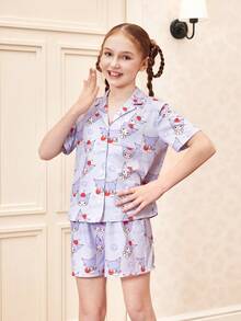 HELLO KITTY AND FRIENDS | SHEIN Conjunto de pijama con top de manga corta y pantalones cortos con estampado de dibujos animados para niña preadolescente - Púrpura malva - Ver 10
