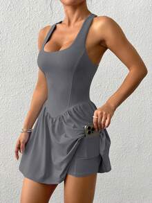 SHEIN EZwear 女士夏季纯色方领扭结交叉露背收腰运动迷你连衣裙配短裤 - 灰色 - 查看 6