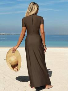 Swim Mulvari Women's Solid Color Short Sleeve Zipper Bikini Bottom & Skirt 2 Pieces Swimwear - Coffee Brown - View 2