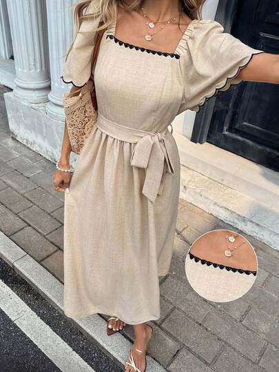 Serisse 女士方领插肩袖休闲时尚中长连衣裙