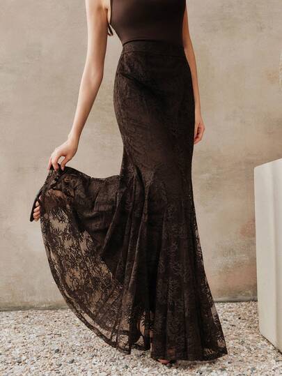 Anewsta Women's Elegant Lace Mermaid Skirt, Coffee Color, Graceful Office Outfit, Suitable For Valentine's Day
