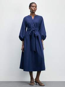 Maija Women's Casual Commuter Solid Color Lantern Sleeve Mid-Length Dress Lantern Sleeve Dress Belted Dress Blue Dress Front Tie Dress  Resort Wear 2026 - Navy Blue - View 2