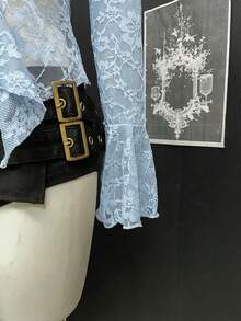 EgrlEra Women's Sexy Contrast Lace V-Neck Lace Trim Blouse - Blue - View 5