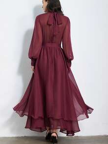 Aveloria Modichic 酒红色长袖垂褶领褶皱荷叶边连衣裙，轻盈飘逸的雪纺面料，多层蛋糕式设计，精致的褶皱工艺，优雅复古风格，适合正式场合、晚宴、约会等。 - 酒紅色 - 查看 2