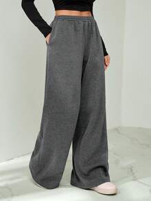 SHEIN Tall 秋冬新款休闲加厚弹力腰宽松阔腿运动裤，显瘦百搭，春夏休闲百搭款式 - 深灰色 - 查看 3