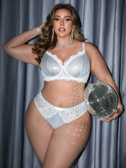Conjunto de lencería con sujetador con aros, tela reflectante y encaje de contraste para tallas grandes
