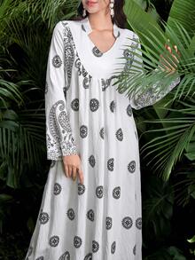 Al Najma Middle Eastern Arabic Style Printed Robe, Vacation Kaftan - White - View 6