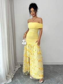 Elenzga 女士优雅露肩短袖褶皱修身花卉网纱连衣裙，适合度假、海滩、旅行 - 淡黃色 - 查看 6