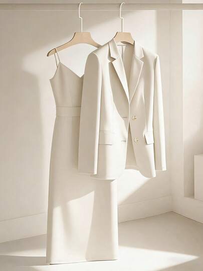 Franclia Casual Khaki Blazer Jacket Paired With Spaghetti Strap Waist Cinched Straight Dress, Women's 2 Pieces Suit Set, Suitable For Spring And Autumn, Business Casual Outfit