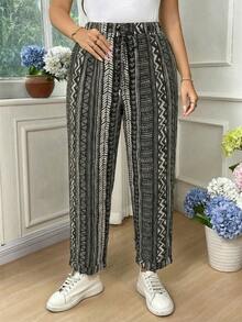 EMERY ROSE Plus Size Women Minimalist Printed Fold-Over Pants - Black - View 5