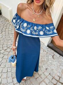 SHEIN Holidaya 女士碎花单肩荷叶边下摆长裙 - 藍色 - 查看 5