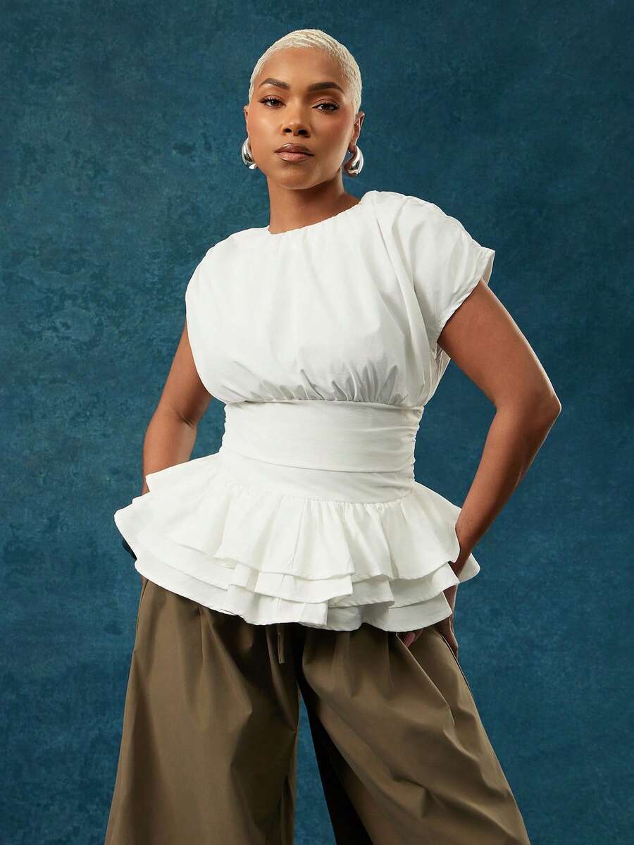 Vixey Solid Woven Round Neck Ruched Short Sleeve Layered Peplum Top - White - View 1