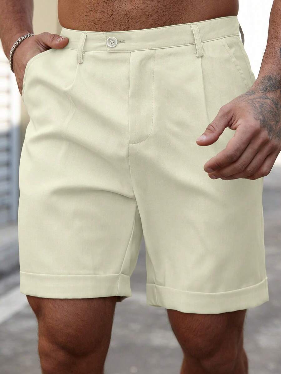 Manfinity Homme Plus Size Men's Solid Color Minimalist Design Belted Pleated Casual Shorts - Beige - View 1
