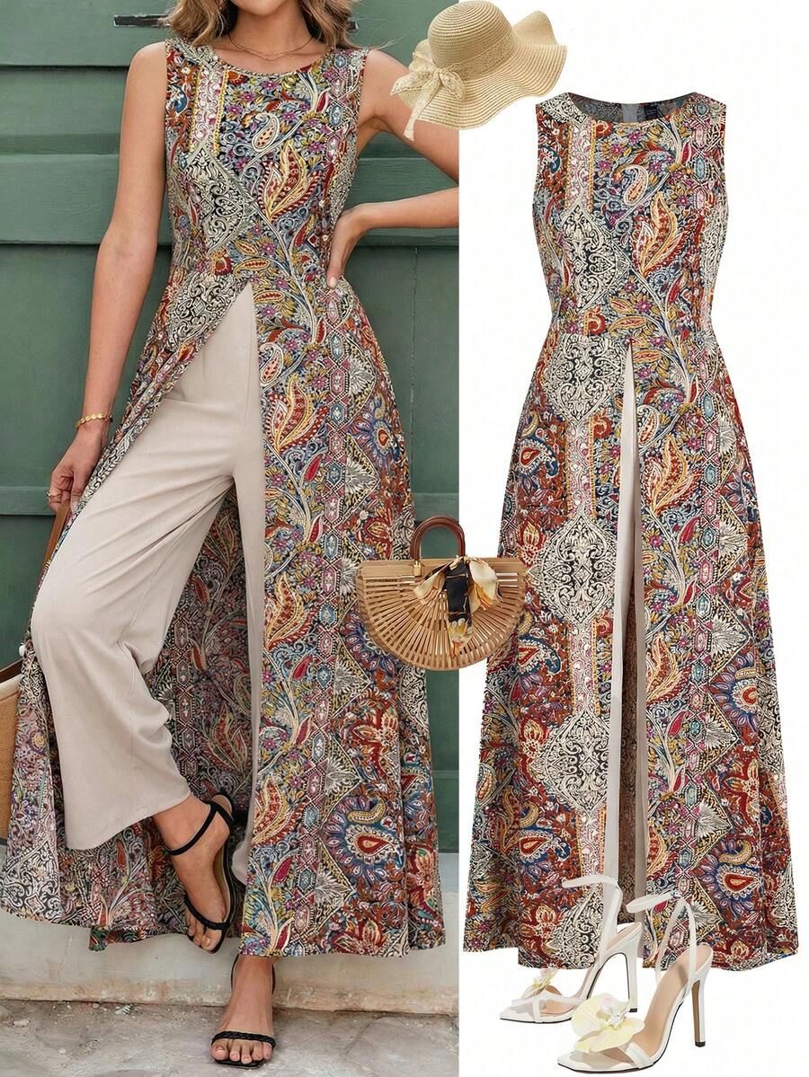 Ellevyn Bộ áo liền quần cổ tròn kiểu quấn, in họa tiết, thanh lịch dành cho nữ, thích hợp cho kỳ nghỉ. - Nhiều màu - Xem 1