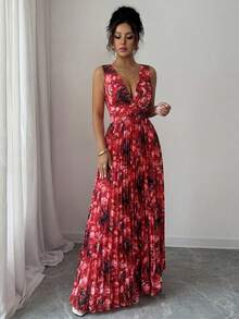 Elenzga 无袖V领露腰镂空A字褶皱花卉优雅浪漫女装 - 彩色 - 查看 6