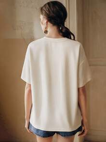 Anewsta Women's Vacation Ocean Element Print Loose Round Neck Short Sleeve T-Shirt - Apricot - View 3