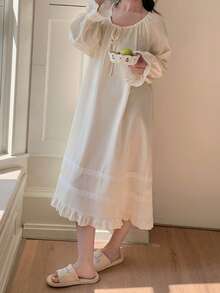 Dazy Plus Plus Size Sweet Lace Patchwork Ruffle Hem Long Sleeve Nightgown Pajamas - Apricot - View 7