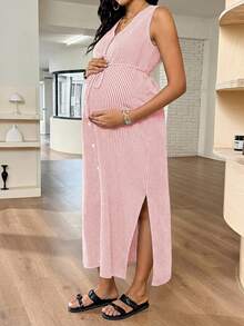 SHEIN Maternity V-Neck Sleeveless Plaid Slit Casual Summer Dress - Pink - View 6
