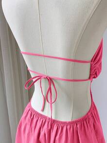 Comfortcana Áo liền quần hai dây ngắn màu đỏ hồng, khoét eo, xếp ly bên hông, thích hợp cho mùa hè. - Màu Hồng Tươi - Xem 6