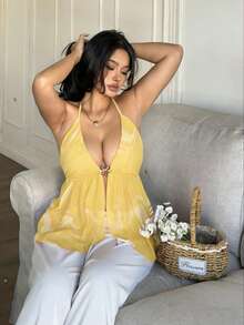 Sunnyshic 大码深V领细肩带露背吊带衫 - 淡黃色 - 查看 4