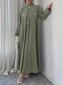 Yasmyna Women's High Neck Long Sleeve Arabic Style Dress With 3D Decor - Green - View 4