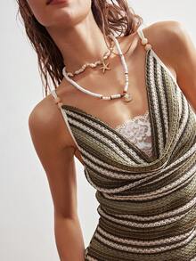 Bohemela 女士夏季休闲百搭西部音乐节复刻版钩编条纹针织拼接蕾丝细节撞色串珠装饰修身背心，多种穿搭方式，适合休闲外出、闺蜜聚会、音乐节、派对、叠穿以及居家休闲。派对上衣、沙滩装、日常穿着、夏季女装、音乐会女装、音乐假期 - 彩色 - 查看 1