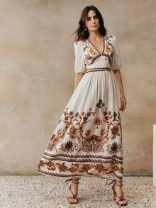 Anewsta Abito elegante da donna in stile vintage con stampa floreale vintage, scollo a V, maniche a palloncino, vita aderente e gonna ampia, snellente e affascinante - Albicocca - Visualizzare 4