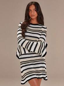 Athîral Women's Striped Print Fitted Casual Long Sleeve Sweater Dress - Black and White - View 5