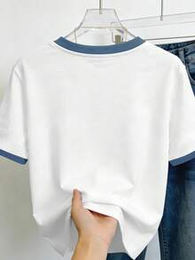 INAWLY 女士几何印花圆领T恤 - 春夏休闲上衣，可机洗，针织面料 - 粉色 - 查看 2