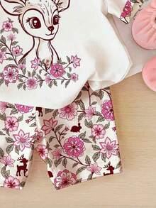 SHEIN 女婴休闲圆领短袖T恤和紧身打底裤套装，春夏款 - 彩色 - 查看 4