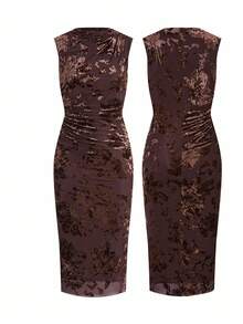 Ellevyn Women's Sleeveless Pleated Printed Mesh Knit Dress, Summer - Brown - View 13