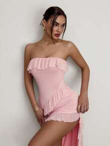 Firerie 女士优雅精致浪漫露背荷叶边长裙，适合晚宴、婚礼、派对、约会、鸡尾酒会、音乐节等场合 - 粉色 - 查看 7