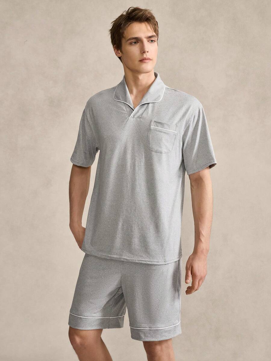 EverLounge Conjunto de Pijama Masculino com Gola de Recorte Contrastante, Manga Curta e Shorts Soltos, Cinza Claro e Preto - Cinza Claro - Visão 1