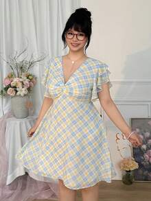 CovetEZ Đầm ngắn dáng chữ A cỡ lớn, màu sắc tươi sáng, kẻ caro bằng chiffon, tay ngắn bồng bềnh, eo thắt nút xoắn, dành cho kỳ nghỉ hè. - Nhiều màu - Xem 3