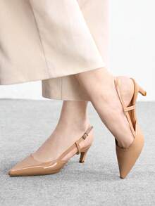 CUCCOO BIZCHIC 女士鞋履春秋新款尖头中跟杏色后系带露跟高跟鞋，简约通勤日常百搭工作鞋 - 杏色 - 查看 5