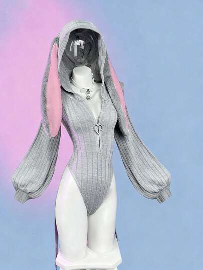 Sunspun Women's Solid Color Knitted Elastic Hooded Rabbit Ear Bodysuit, Anime Inspired Top, Cute, Rabbit Ears, Spring/Autumn, Winter