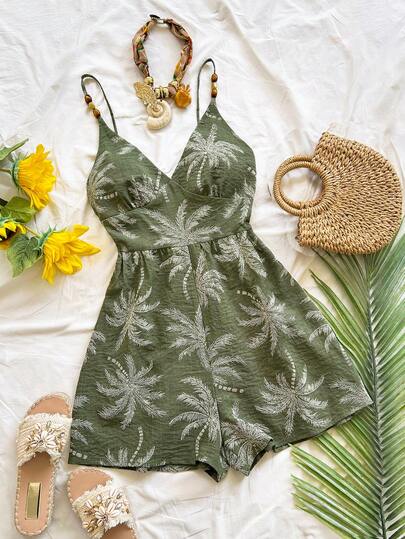 Soleia Women's Colorful Tropical Print Sleeveless Jumpsuit, One Shoulder, Metal Decor, Suitable For Brunch, Summer, Mother's Day, Graduation, Church, Beach, Music Festival, Airport, Afternoon Tea, Autumn/Winter