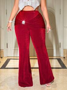 NU&NOW Plus Size Women's Red Autumn Elegant Satin Party Flare Pants,High Waist Rhinestone Twist Elastic Fitted Palazzo Trousers,Burgundy Wide Leg Pants - Burgundy - View 5